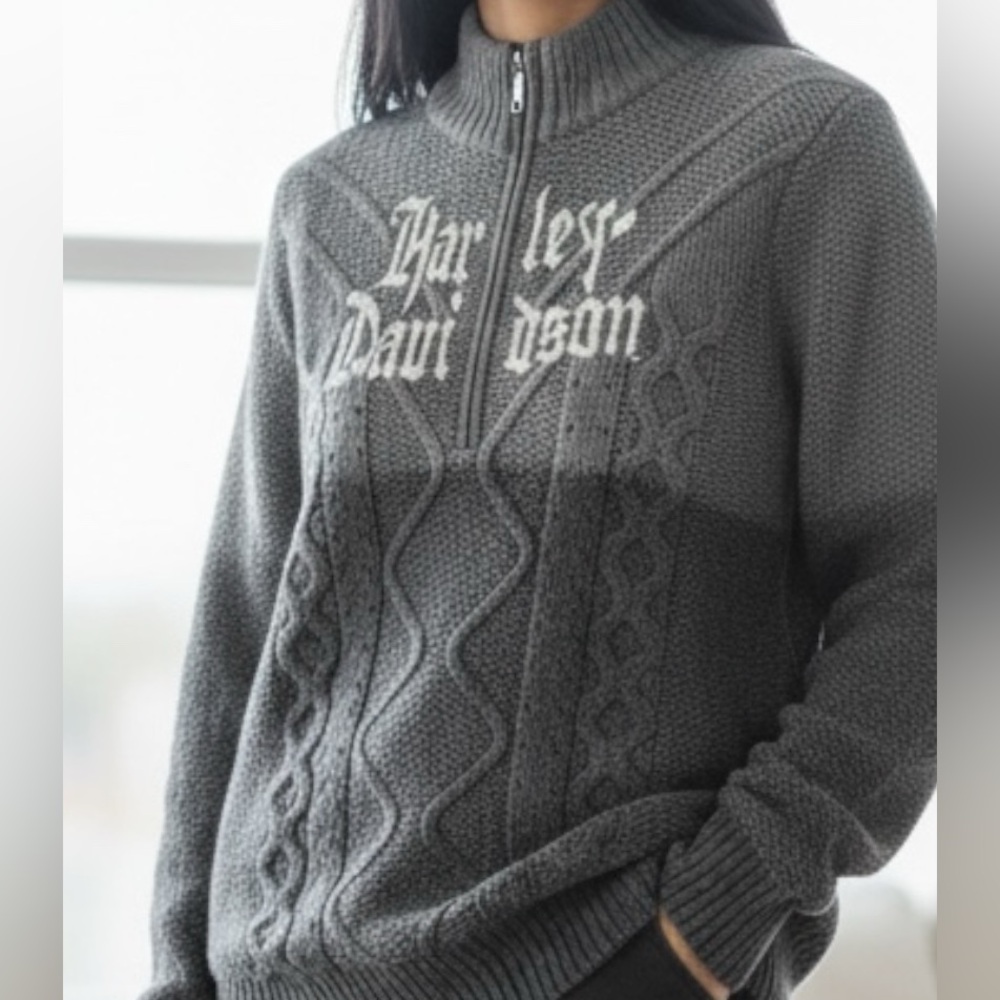 Harley Davidson Ombré Gray Cable Knit Embroidery Front 3/4 Zip Pull Over Sweater - Picture 12 of 12